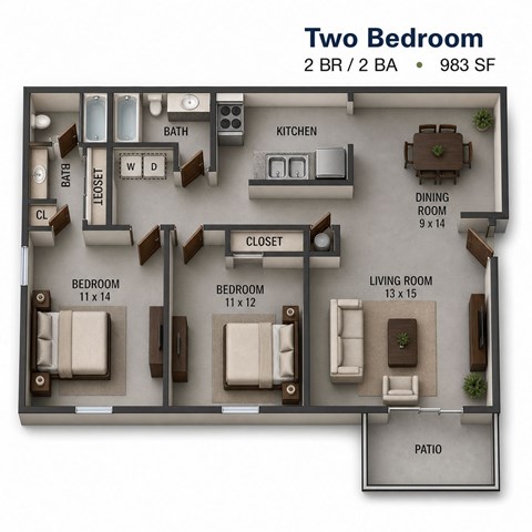 Floor plan for 2 beds, 2 baths, 983 sqft